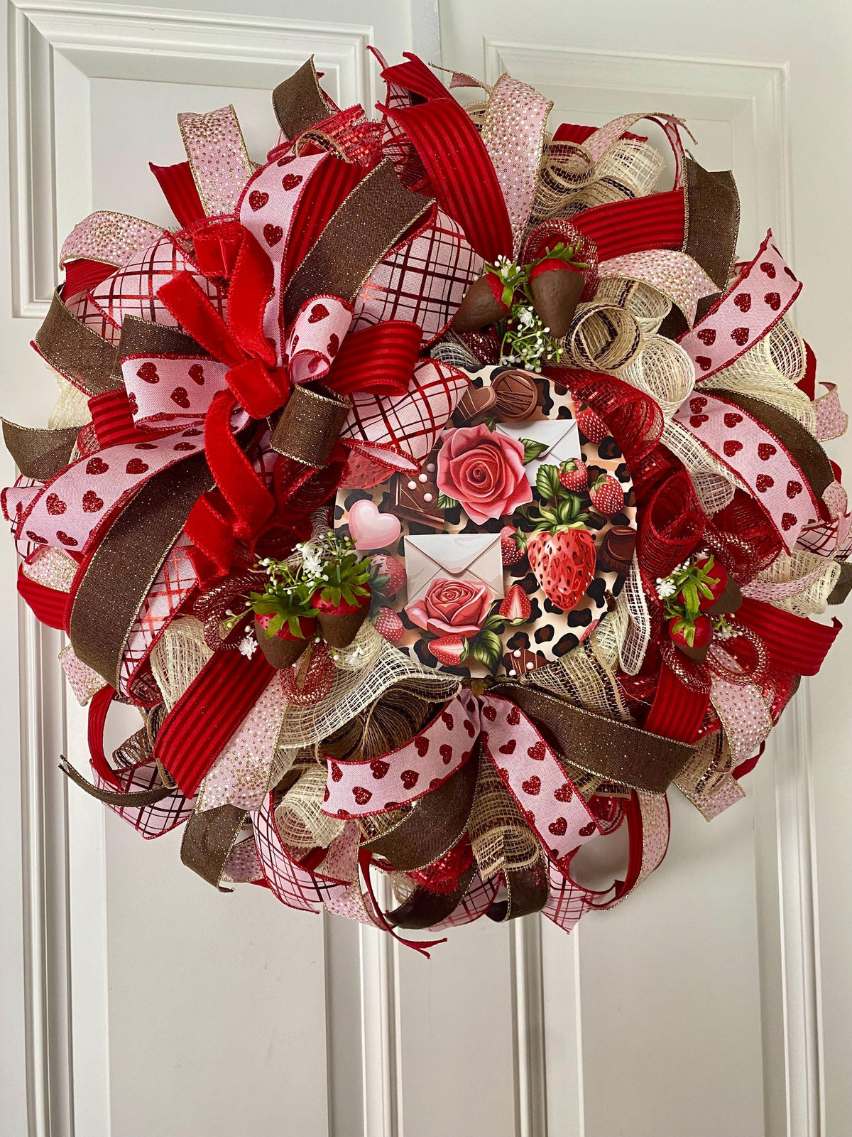 Chocolate Valentine Wreath with Faux Chocolate Strawberry Accents