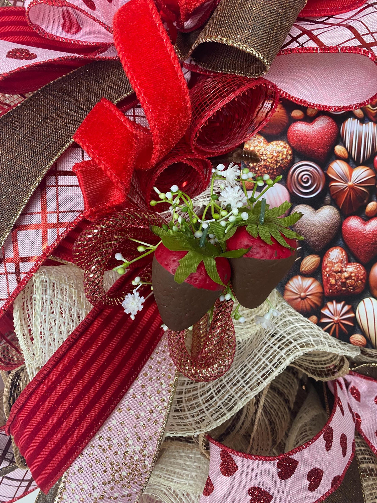 Chocolate Valentine Wreath with Faux Chocolate Strawberry Accents