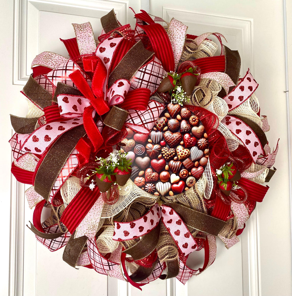 Chocolate Valentine Wreath with Faux Chocolate Strawberry Accents