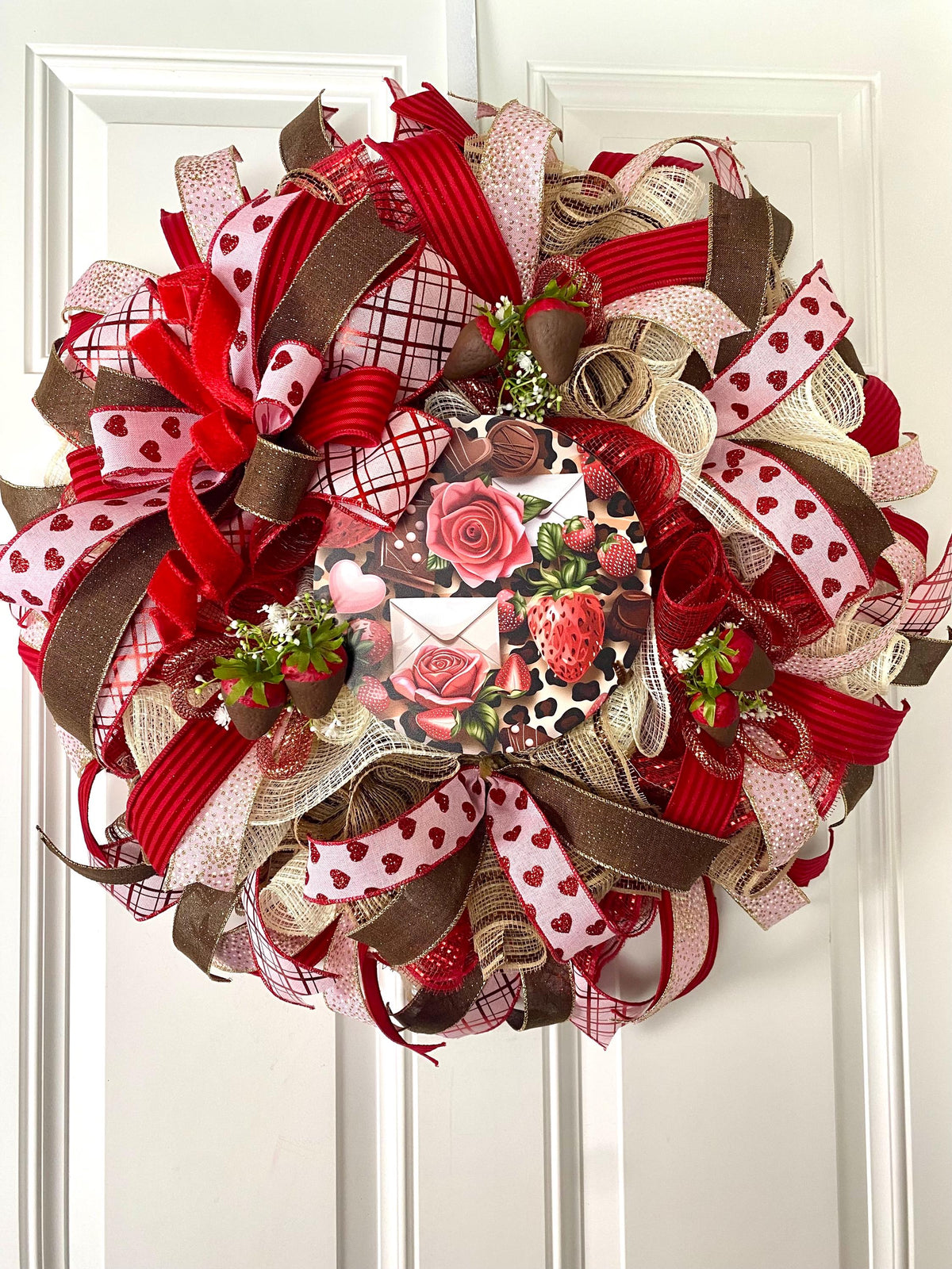 Chocolate Valentine Wreath with Faux Chocolate Strawberry Accents