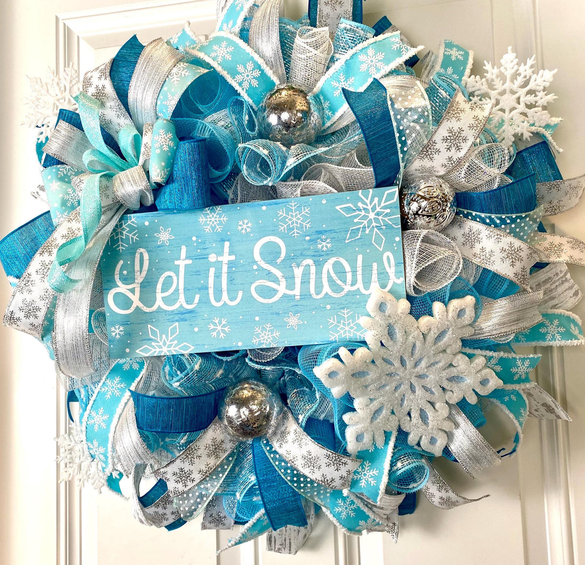 Teal & Silver Snowflake Winter Wreath: Elegant Christmas Door Decor