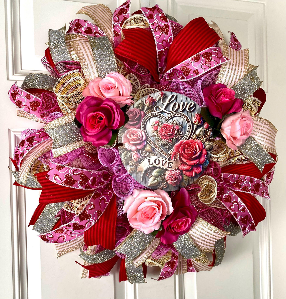 Custom Valentine Wreath -Winter Home Decor- Pink, Red, Magenta Roses