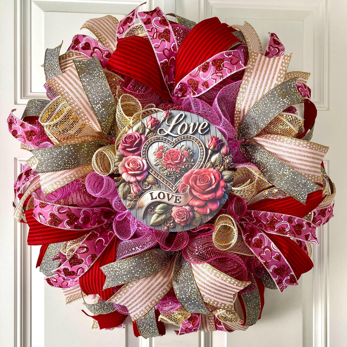 Custom Valentine Wreath -Winter Home Decor- Pink, Red, Magenta Roses