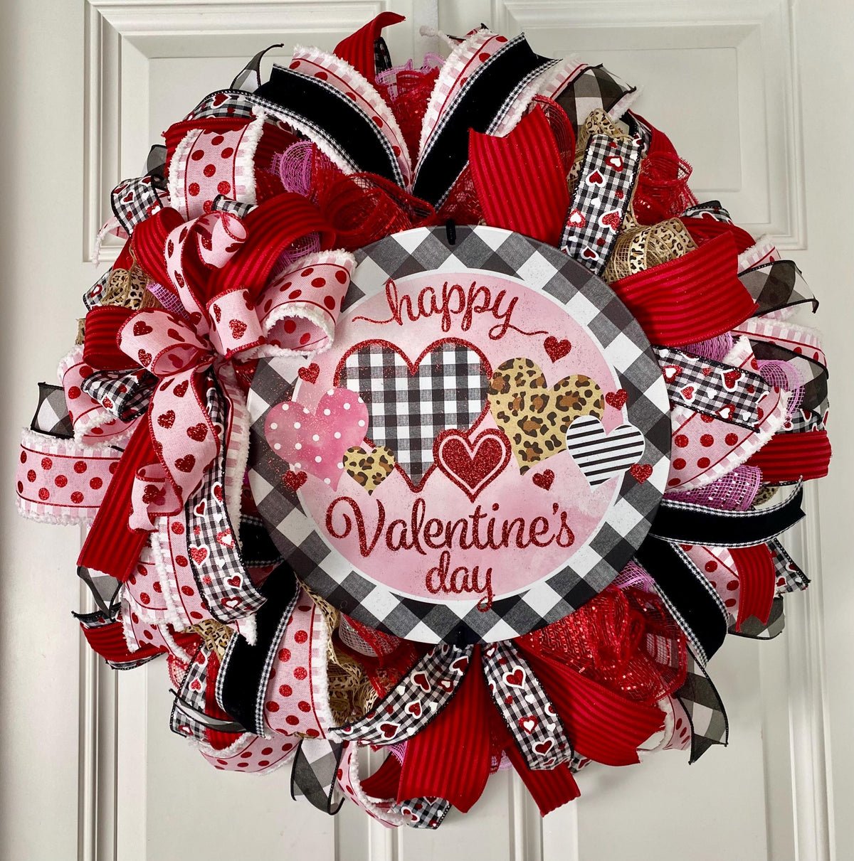 Valentine Wreath with Buffalo Check and Leopard Print Accents