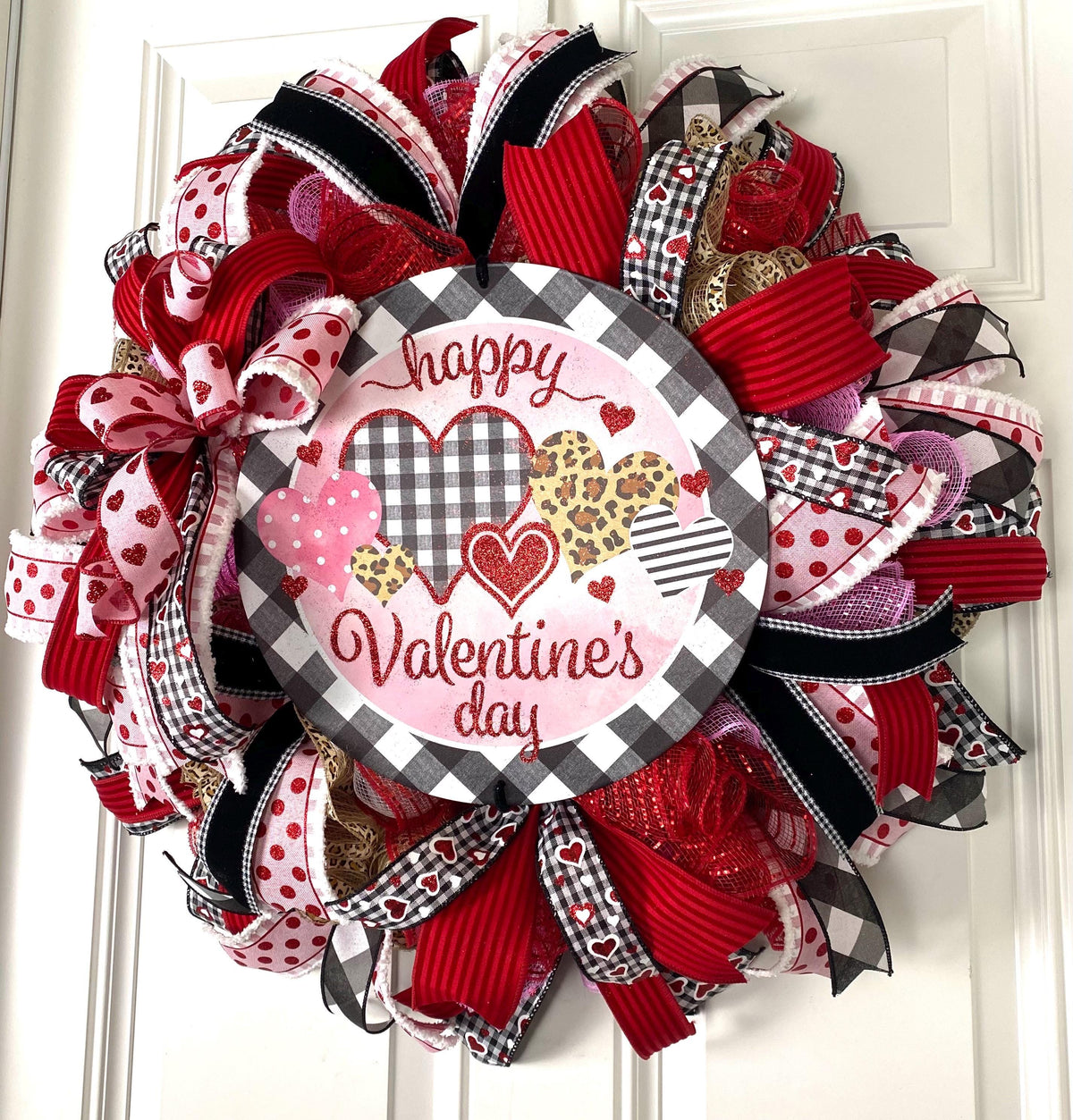Valentine Wreath with Buffalo Check and Leopard Print Accents