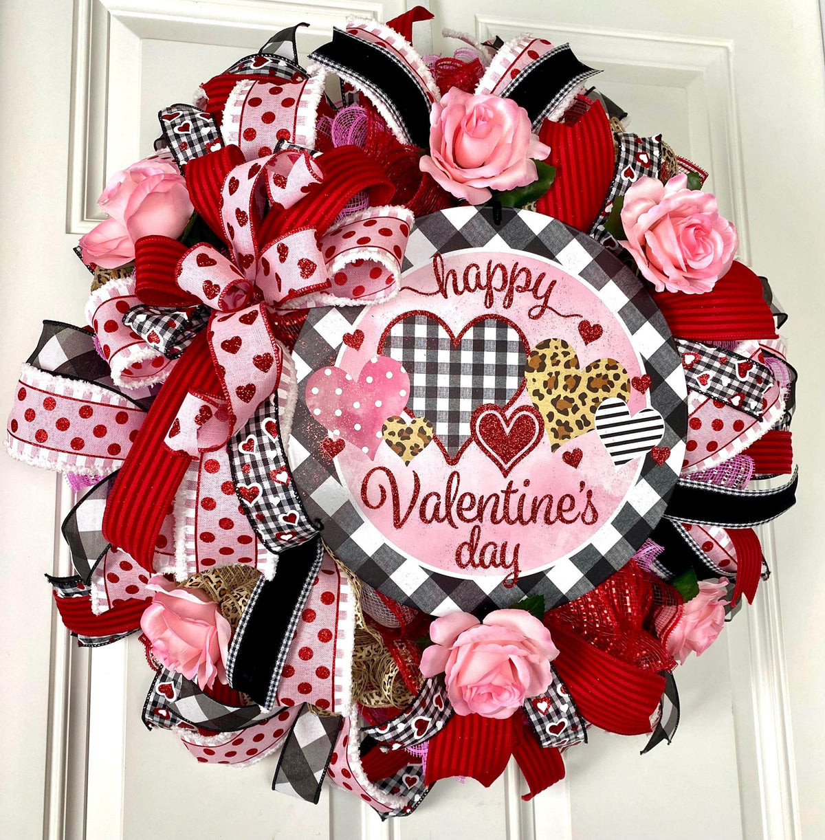 Valentine Wreath with Buffalo Check and Leopard Print Accents