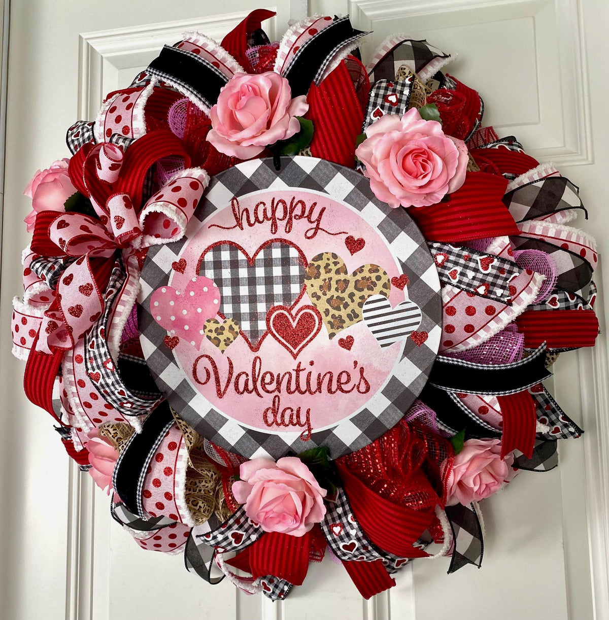 Valentine Wreath with Buffalo Check and Leopard Print Accents