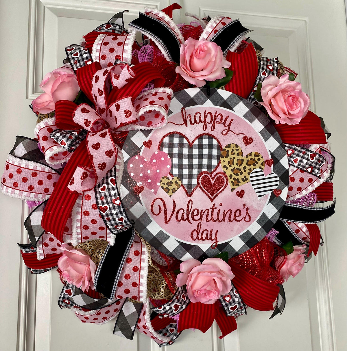 Valentine Wreath with Buffalo Check and Leopard Print Accents