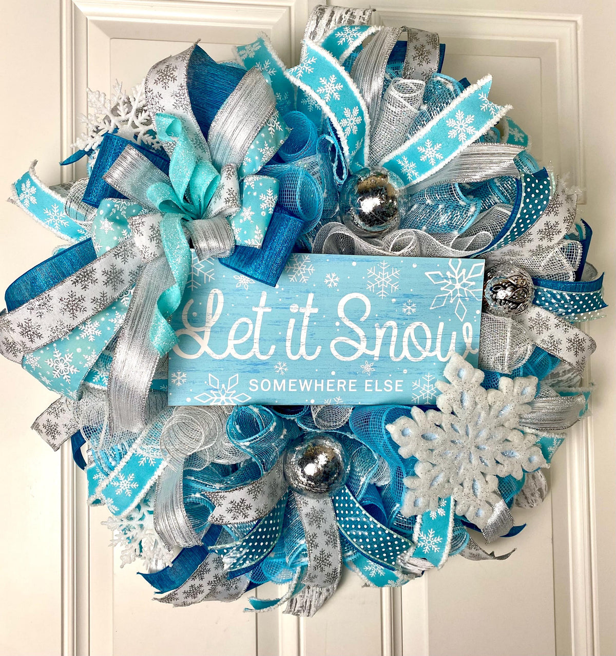Teal & Silver Snowflake Winter Wreath: Elegant Christmas Door Decor