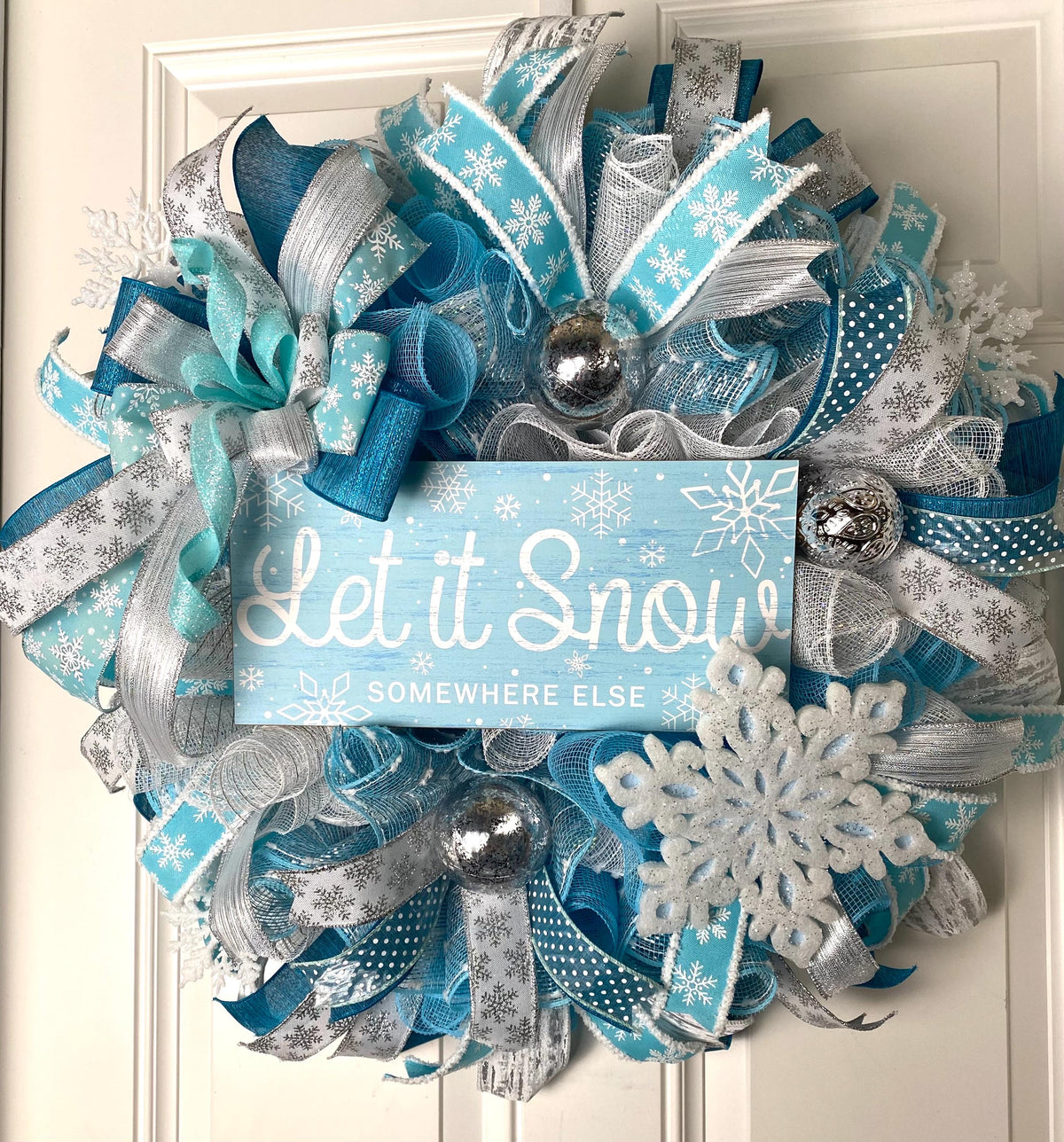 Teal & Silver Snowflake Winter Wreath: Elegant Christmas Door Decor