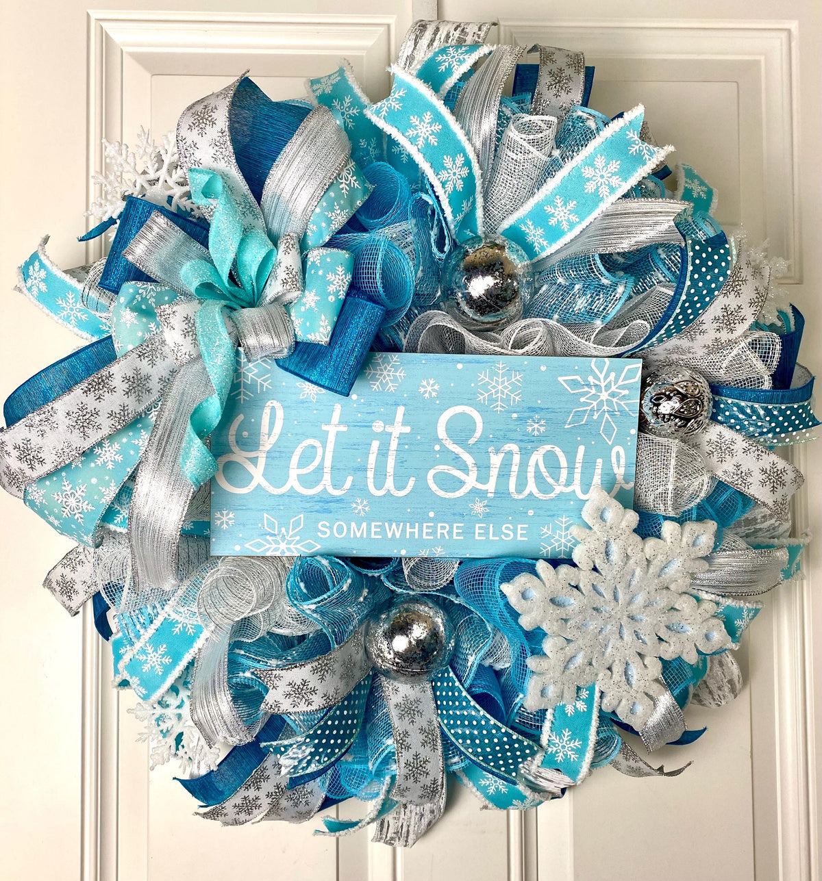 Teal & Silver Snowflake Winter Wreath: Elegant Christmas Door Decor