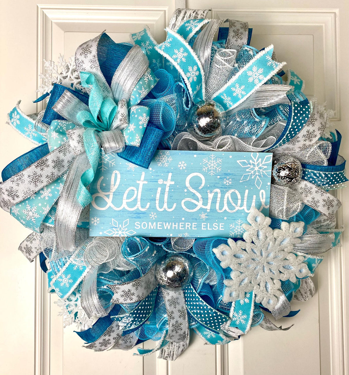 Teal & Silver Snowflake Winter Wreath: Elegant Christmas Door Decor