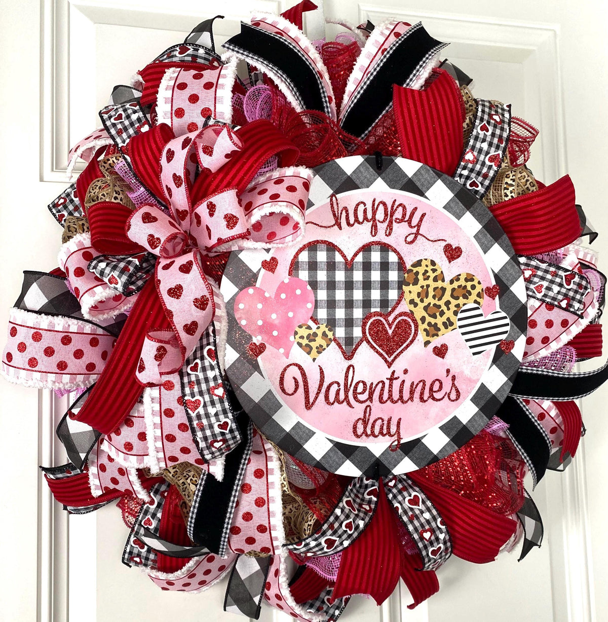 Valentine Wreath with Buffalo Check and Leopard Print Accents