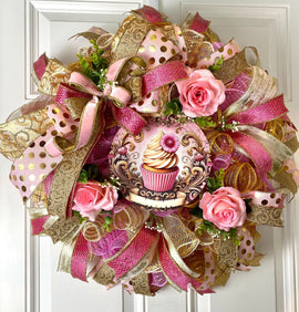Valentine Heart Wreath, Pink and Gold Cupcake Ornament Wreath, Candy Land theme, Christmas
