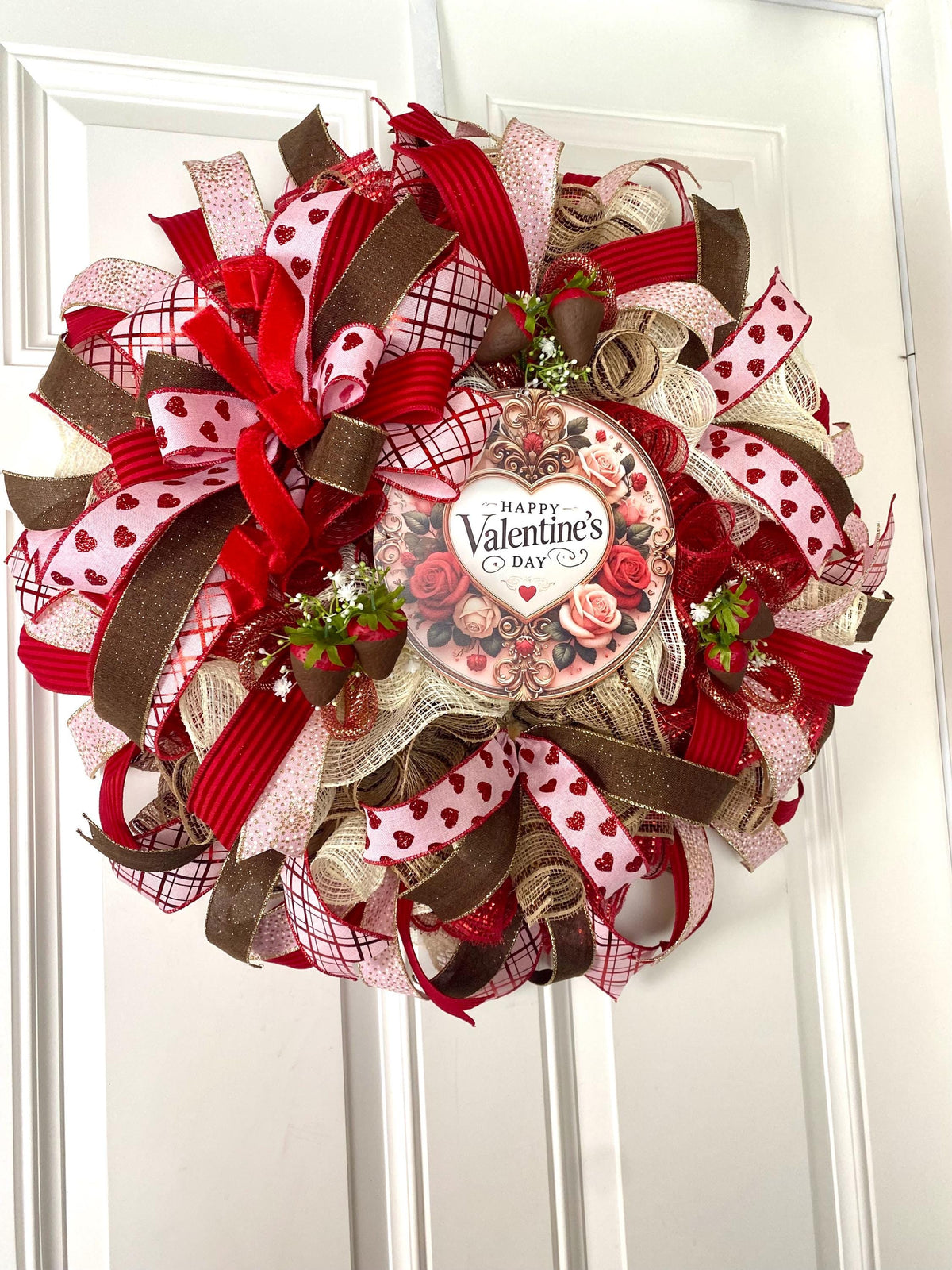 Chocolate Valentine Wreath with Faux Chocolate Strawberry Accents