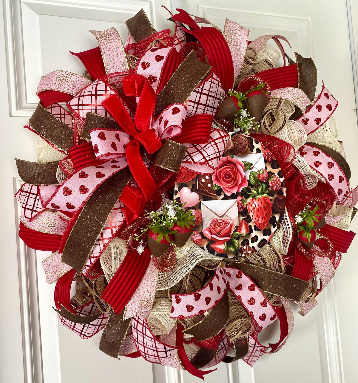 Chocolate Valentine Wreath with Faux Chocolate Strawberry Accents