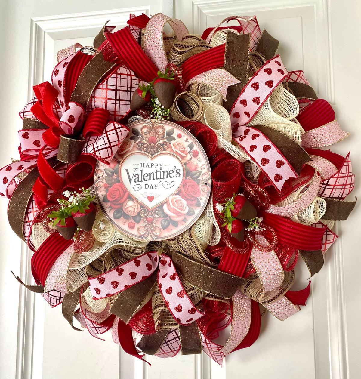 Chocolate Valentine Wreath with Faux Chocolate Strawberry Accents