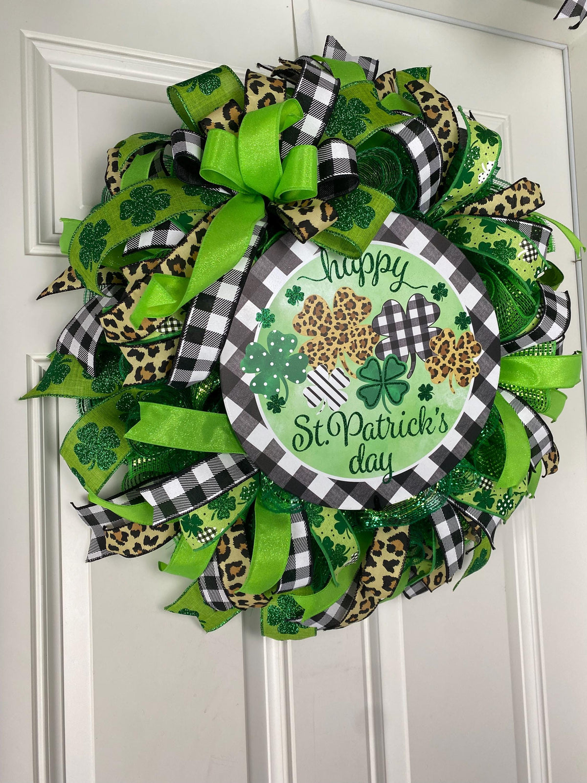 St. Patrick's Day Wreath: Green Leopard & Check Ribbon Door Decor