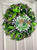 St. Patrick's Day Wreath: Green Leopard & Check Ribbon Door Decor