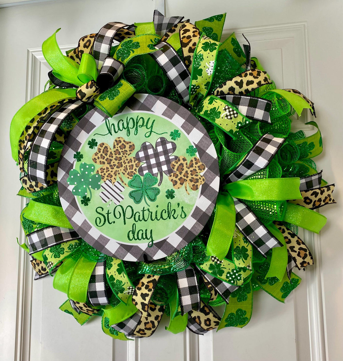 St. Patrick's Day Wreath: Green Leopard & Check Ribbon Door Decor