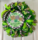 St. Patrick's Day Wreath: Green Leopard & Check Ribbon Door Decor