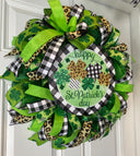 St. Patrick's Day Wreath: Green Leopard & Check Ribbon Door Decor