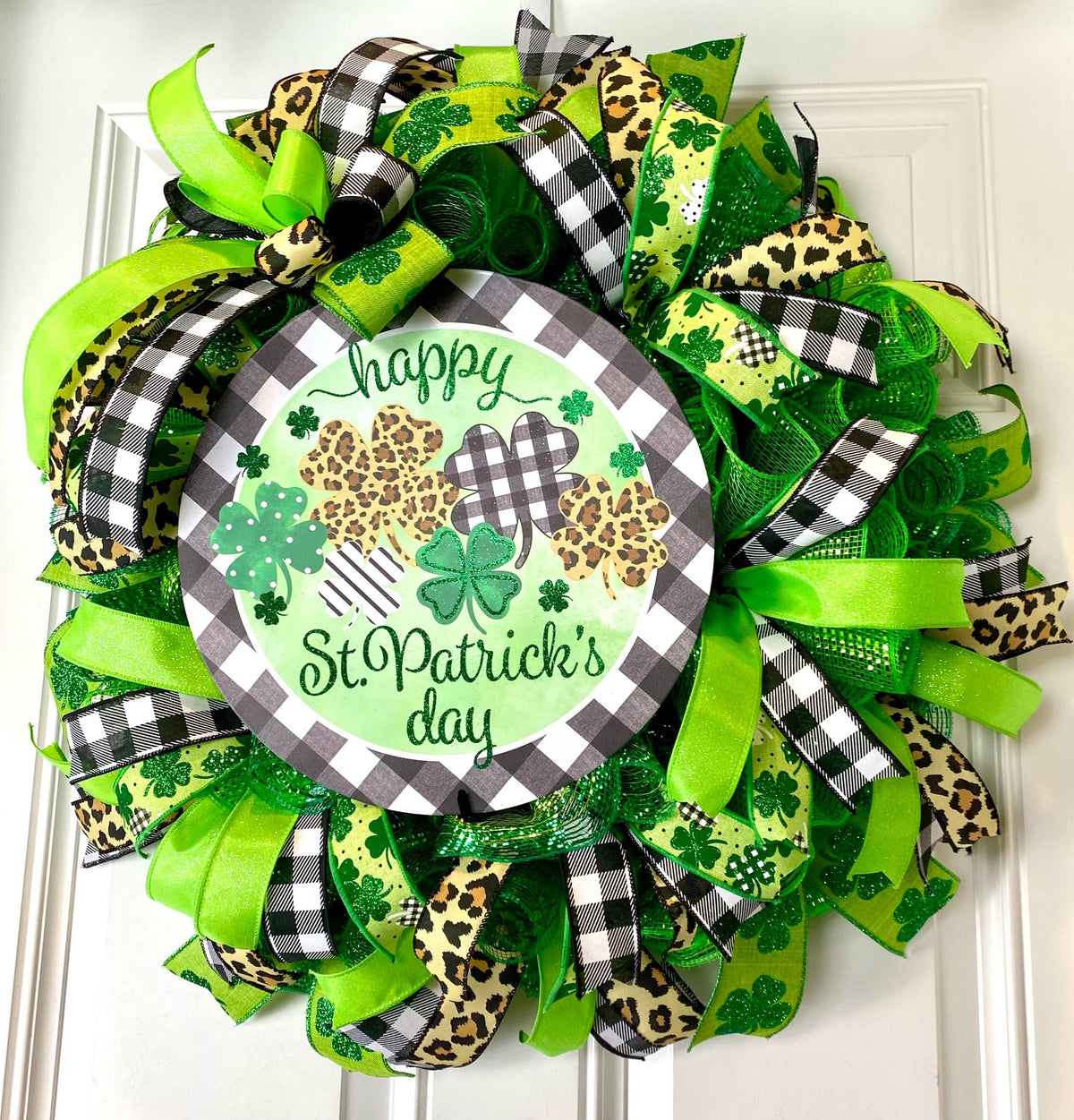 St. Patrick's Day Wreath: Green Leopard & Check Ribbon Door Decor