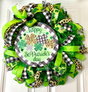 St. Patrick's Day Wreath: Green Leopard & Check Ribbon Door Decor