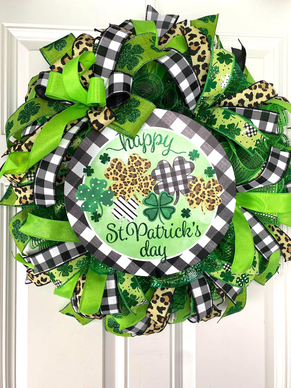 St. Patrick's Day Wreath: Green Leopard & Check Ribbon Door Decor