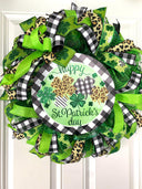 St. Patrick's Day Wreath: Green Leopard & Check Ribbon Door Decor