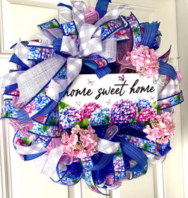 Hydrangea Farmhouse Wreath: Spring Summer Deco Mesh, Color Options