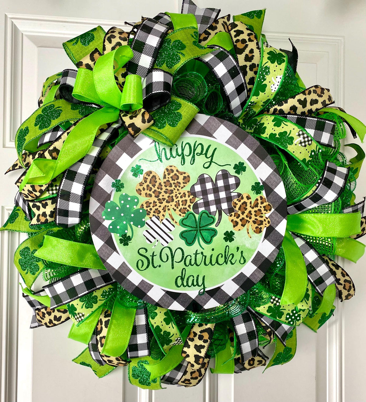 St. Patrick's Day Wreath: Green Leopard & Check Ribbon Door Decor