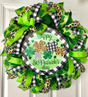 St. Patrick's Day Wreath: Green Leopard & Check Ribbon Door Decor