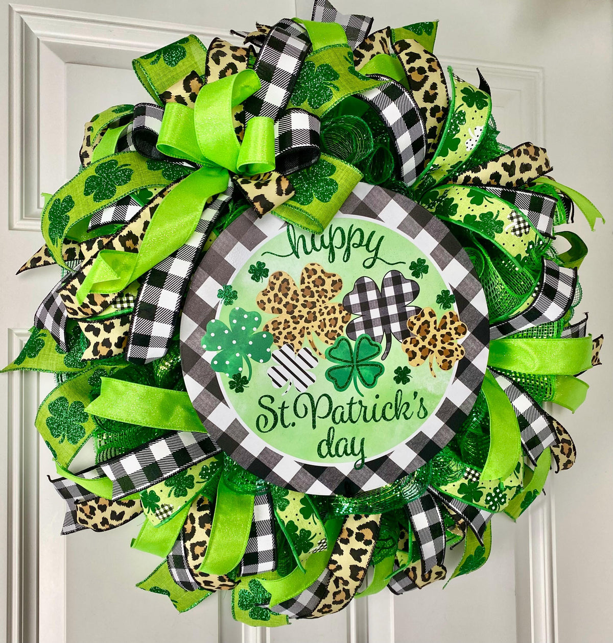 St. Patrick's Day Wreath: Green Leopard & Check Ribbon Door Decor