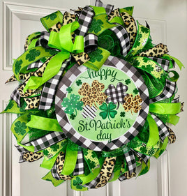 St. Patrick's Day Wreath: Green Leopard & Check Ribbon Door Decor