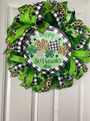 St. Patrick's Day Wreath: Green Leopard & Check Ribbon Door Decor