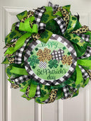 St. Patrick's Day Wreath: Green Leopard & Check Ribbon Door Decor