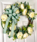 Peony Wreath: Cream Flowers, Green Striped Bow, Front Door Decor