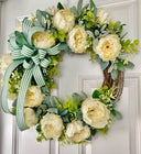 Peony Wreath: Cream Flowers, Green Striped Bow, Front Door Decor