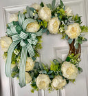 Peony Wreath: Cream Flowers, Green Striped Bow, Front Door Decor