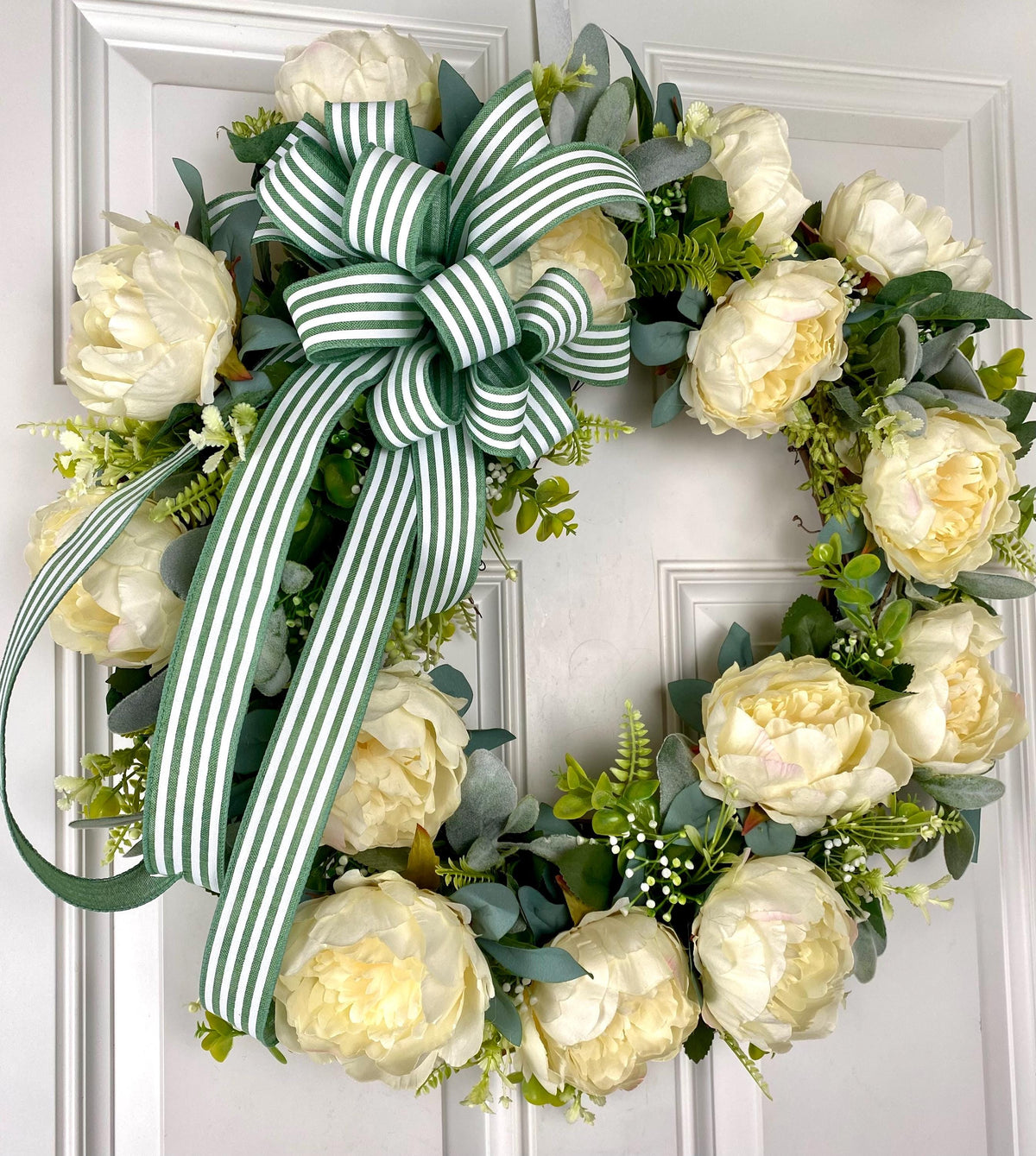 Peony Wreath: Cream Flowers, Green Striped Bow, Front Door Decor