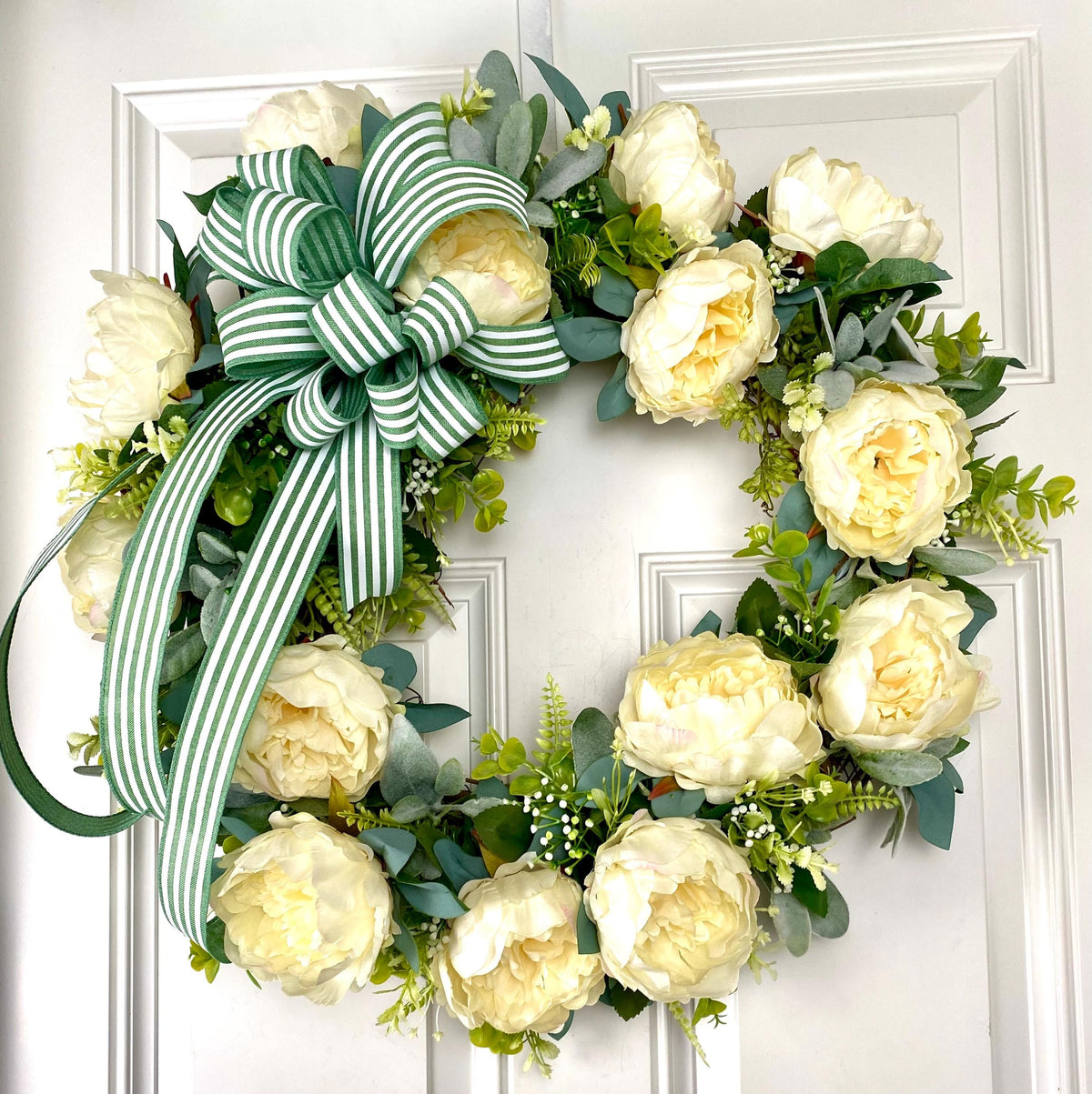 Peony Wreath: Cream Flowers, Green Striped Bow, Front Door Decor