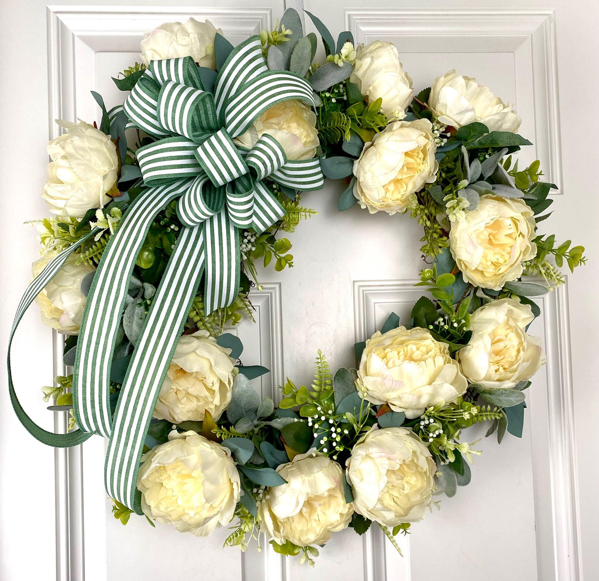 Peony Wreath: Cream Flowers, Green Striped Bow, Front Door Decor