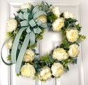 Peony Wreath: Cream Flowers, Green Striped Bow, Front Door Decor