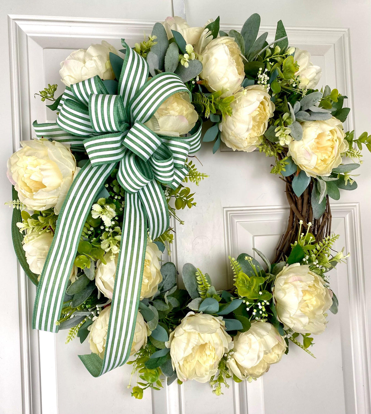 Peony Wreath: Cream Flowers, Green Striped Bow, Front Door Decor