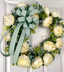 Peony Wreath: Cream Flowers, Green Striped Bow, Front Door Decor
