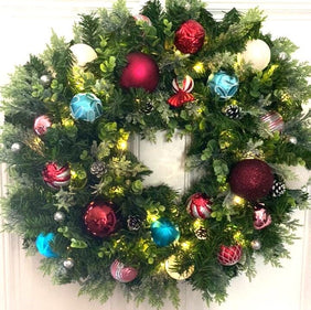 Lighted Christmas Wreath, Ornament Wreath, Winter Porch Decor, Candy Land