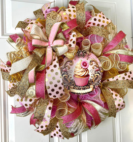 Pink and Gold Valentine Heart Wreath, Cupcake Ornament Wreath, Candy Land theme