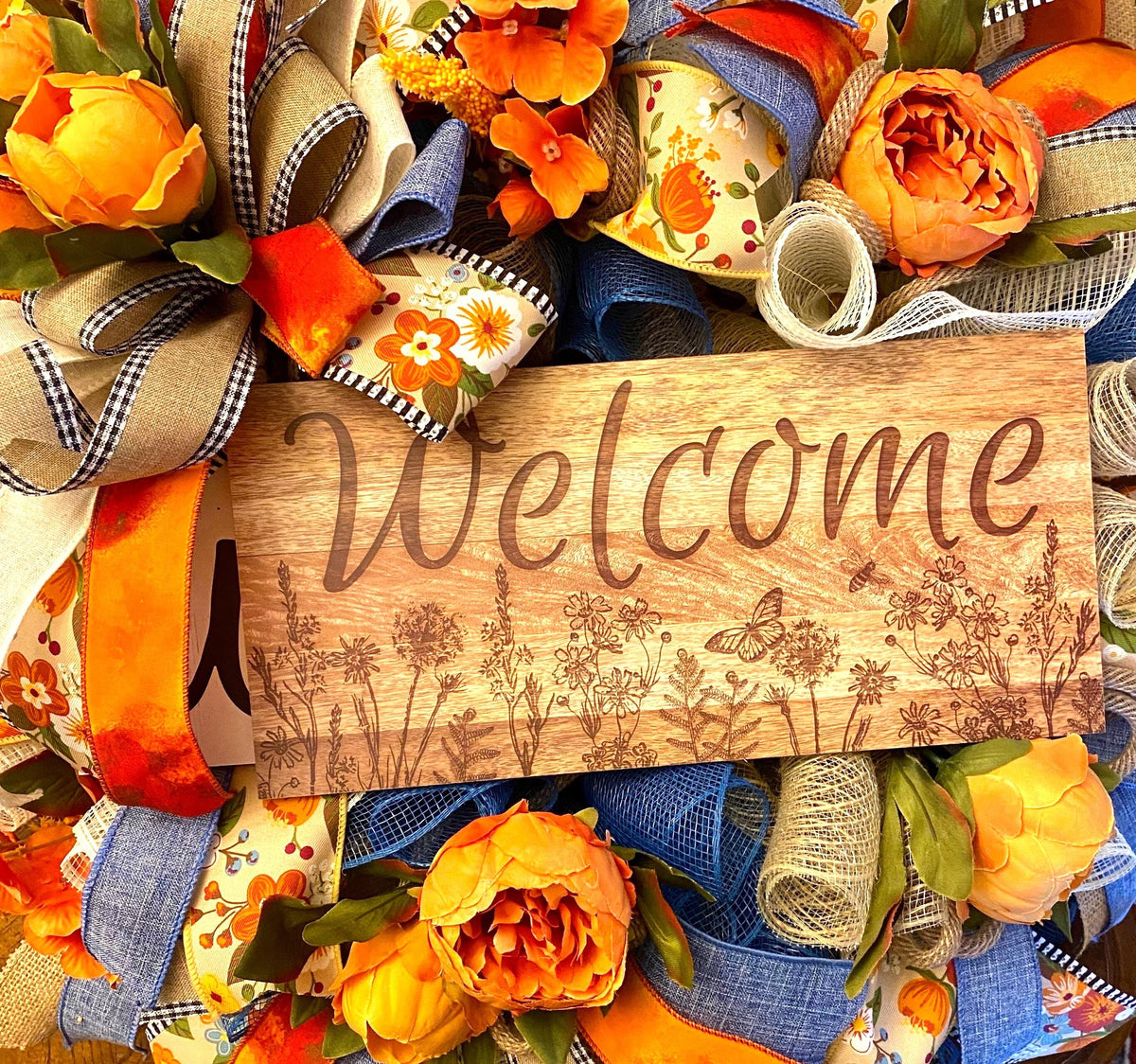 Everyday Wreath, Farmhouse Decor, Peony, Denim, Burlap, Front Door, Farmhouse All Season Wreath, Spring Wreath, Summer Deco Mesh