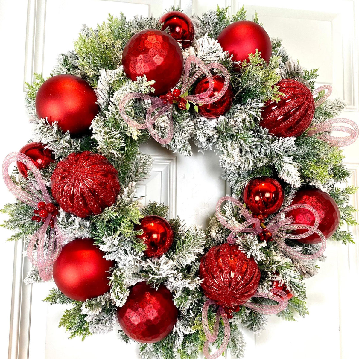 Lighted Valentine Wreath: Red Ornament & Pink Heart Bow